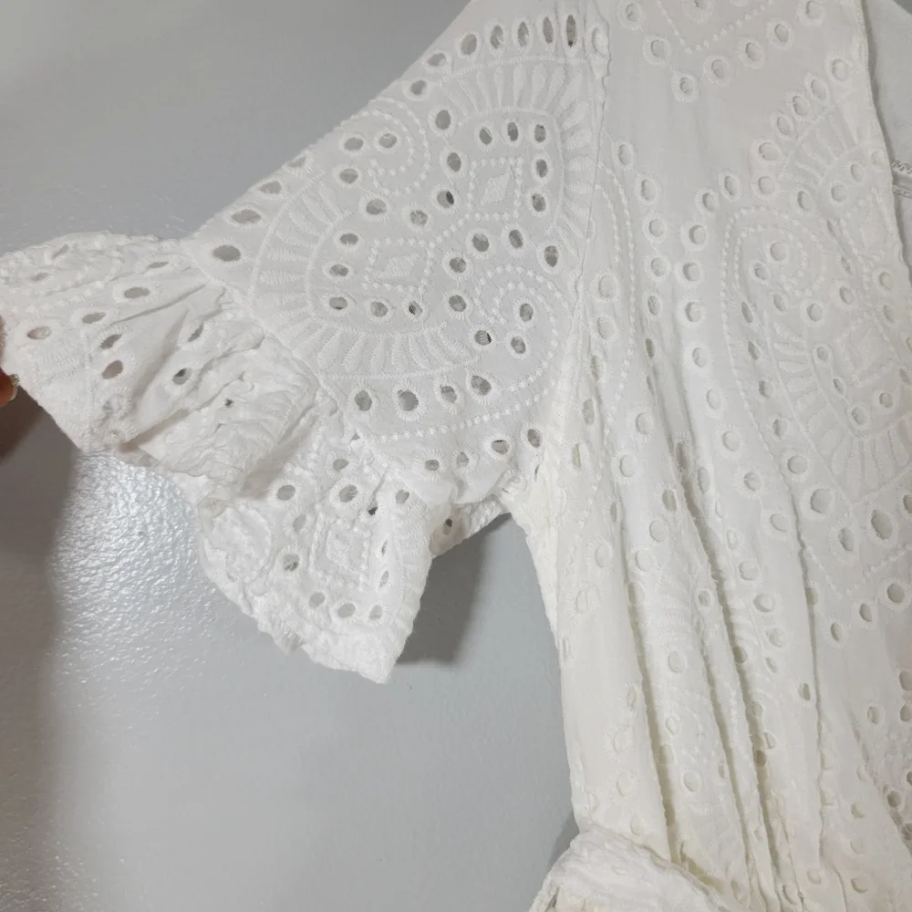 EVERLY white eyelet surplice faux wrap belted cotton ruffle hem romper